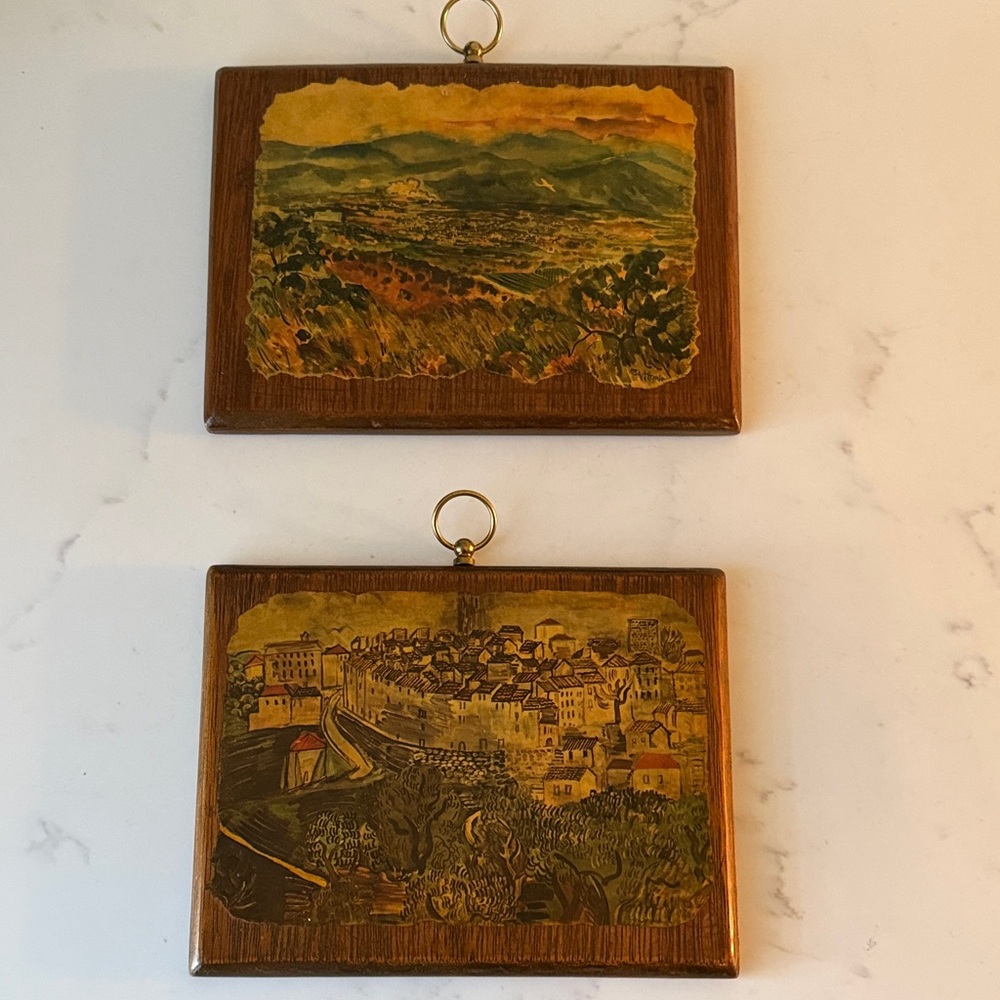 Vintage decoupage wall hangings signed and dated 1972